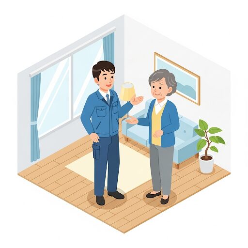 介護リフォーム、高齢者と話をする営業