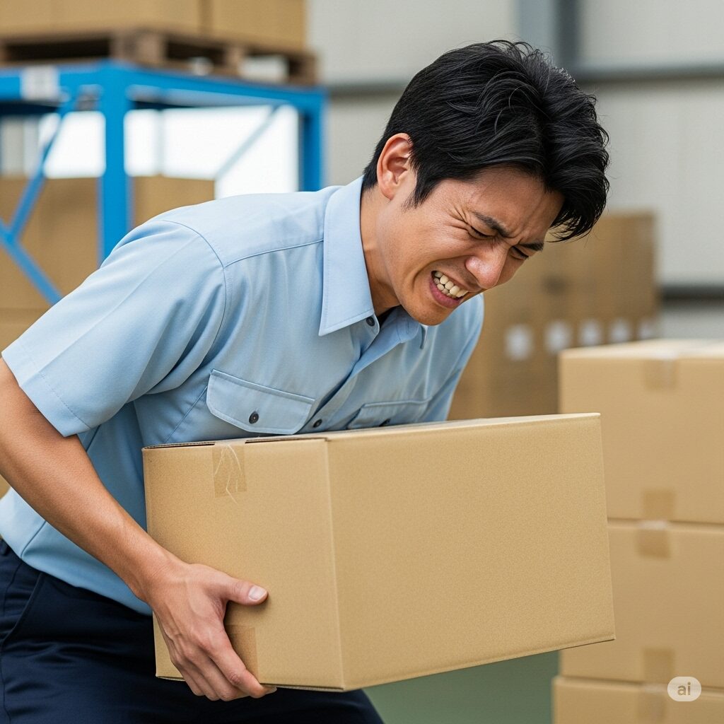 荷物を運ぶ際に腰を痛める作業員