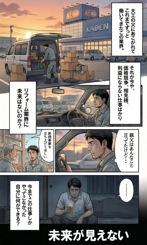 介護リフォームマンガ、建設業の今後に不安